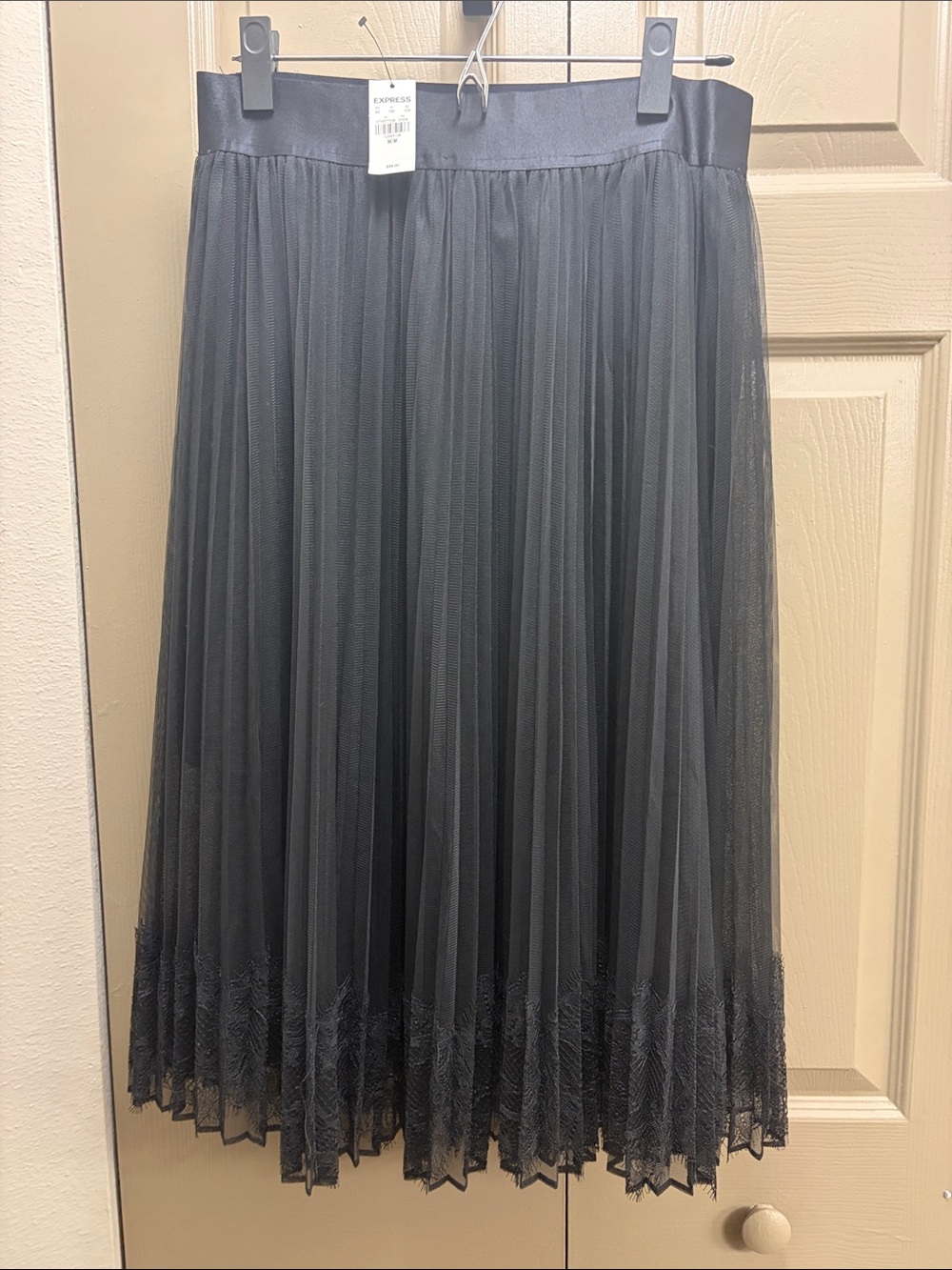 Express Black Pleated Midi Skirt with Lace Trim